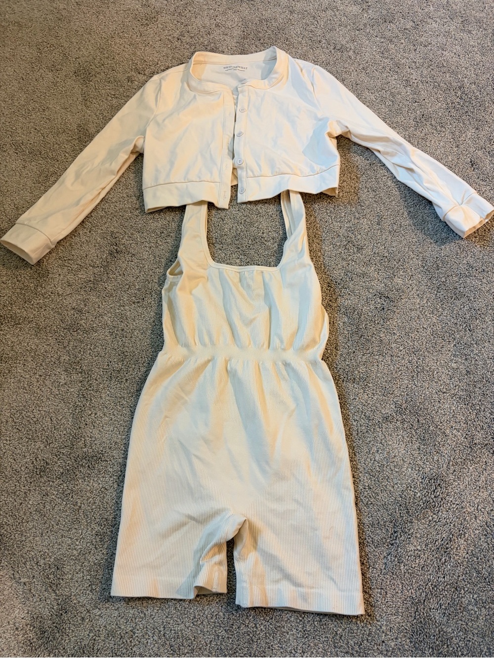 WeWoreWhat Cream Ribbed Jumpsuit with Cropped Button Cardigan
